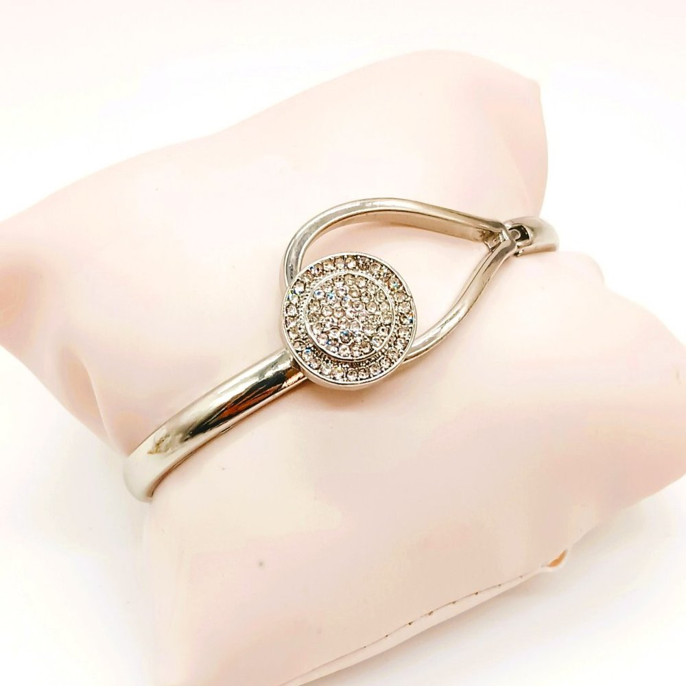 Hinged Round Pave Bangle Bracelet 7" Silver Tone with Front Hook Closure Jewelry